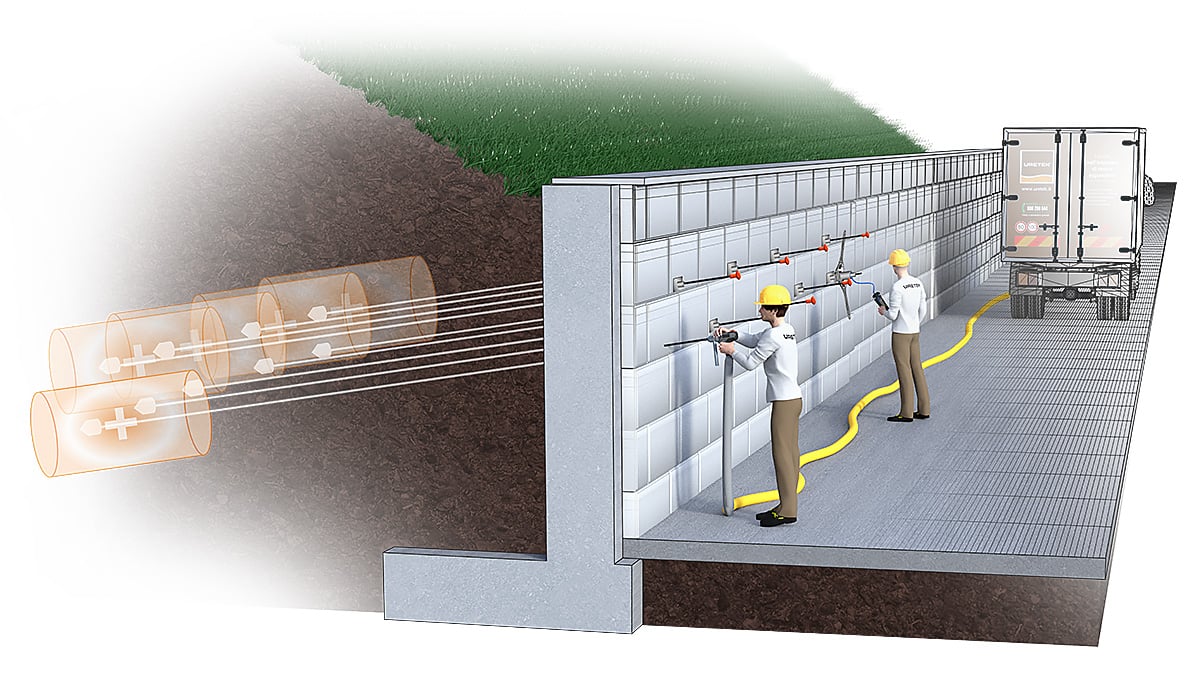 bulging retaining walls tie rods anchoring-resin expanding